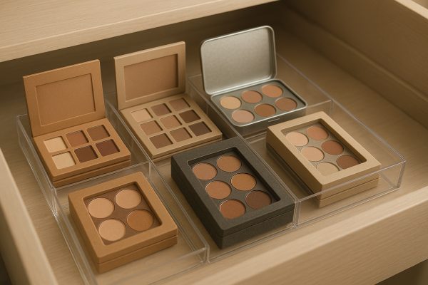 Various eyeshadow palettes in different packaging, organized in a clear acrylic drawer insert.
