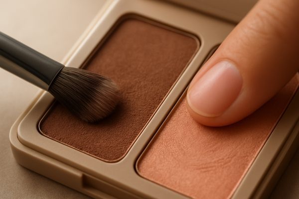 Macro shot of powder and cream eyeshadows being blended, showing texture and pigment payoff.