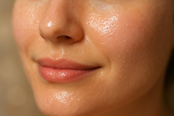 Extreme close-up of glowing, hydrated skin showing micro-droplets and a healthy skin barrier.
