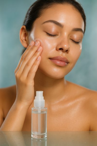 Close-up of a model pressing hydrating primer into her dewy cheek with water-inspired background.