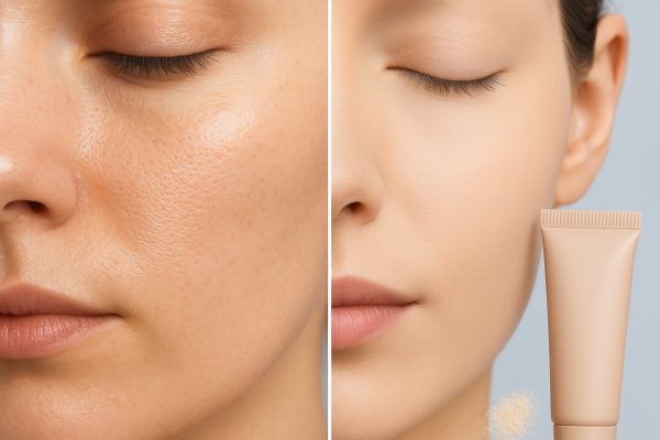 Macro before-and-after of cheek with visible pores, then smooth matte finish after pore-minimizing primer.