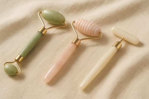 Macro view of three face roller types\u2014double-ended, textured, T-shaped\u2014on a creamy linen cloth highlighting ergonomic design.