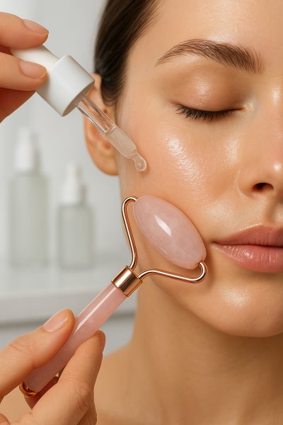 A serum drop applied to a model\u2019s cheek followed by the upward motion of a rose quartz roller, with a modern vanity blurred in the background.