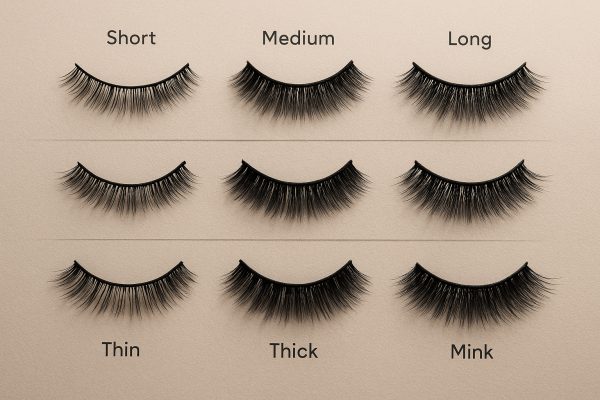 An organized display of short, medium, and long false eyelashes with different band styles and materials on a soft taupe surface.