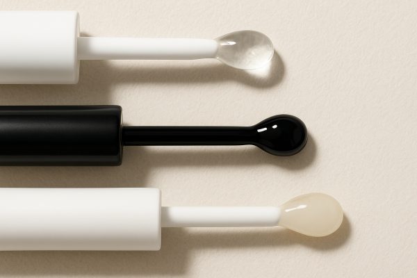 Macro view of clear, black, and latex-free eyelash glue applicators with glue beads on a pale textured background.