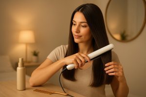 Woman using a ceramic flat iron on smooth hair at a tidy vanity, with styling tools nearby.