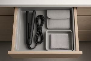 Flat iron with cord coiled, heat-resistant pouch, and cloth stored in a lined drawer organizer.