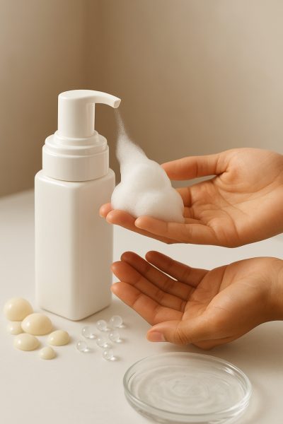 Clean bathroom vanity with foaming cleanser dispensing onto hands, surrounded by ingredient elements.