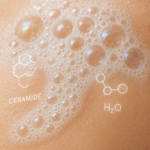 Macro image of luminous foam bubbles on moisturized skin, with subtle scientific motifs.
