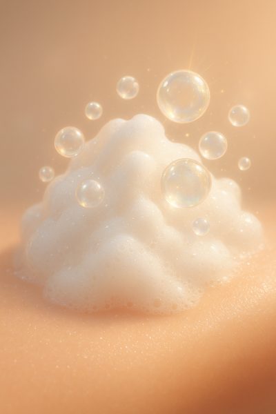 Glowing hyaluronic acid pearls in foamy lather on hydrated skin.