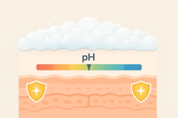 Infographic cross-section of skin with foam cleanser, pH bar, and glowing shield icons.