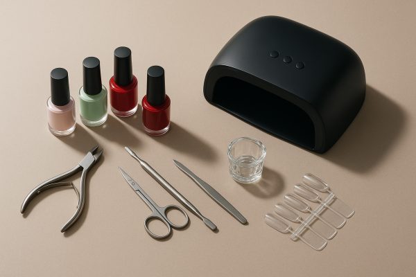 Flat lay of a luxurious gel nail kit with modern polish colors, black LED lamp, and elegant manicure tools on a taupe surface.
