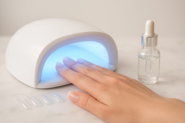 Close-up of a hand under a futuristic white LED nail lamp, with extension tips and cuticle oil on a marble surface.