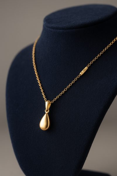 Macro view of a gold necklace on navy velvet, pendant and hallmark in sharp focus.