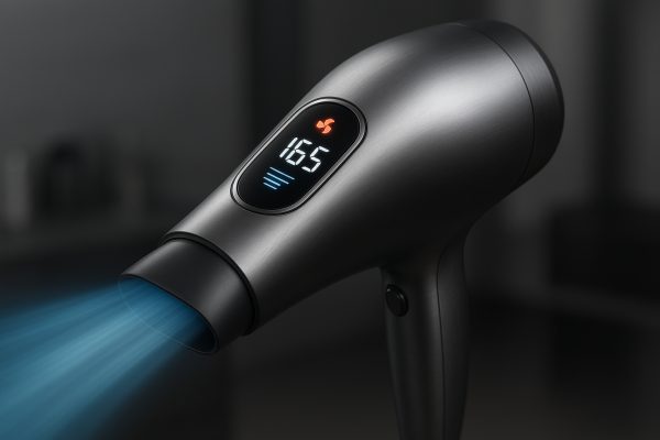 Dynamic close-up of a modern hair dryer with a bright digital display and blue airflow, in a sleek salon setting.
