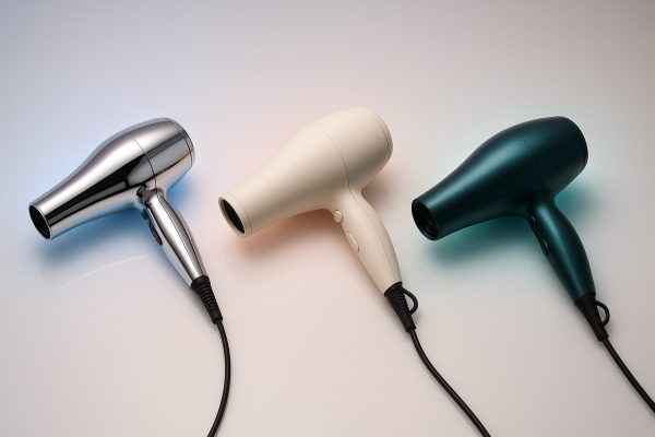 Three distinct hair dryers\u2014chrome, ivory, and teal\u2014represent ionic, ceramic, and tourmaline on a glossy surface.