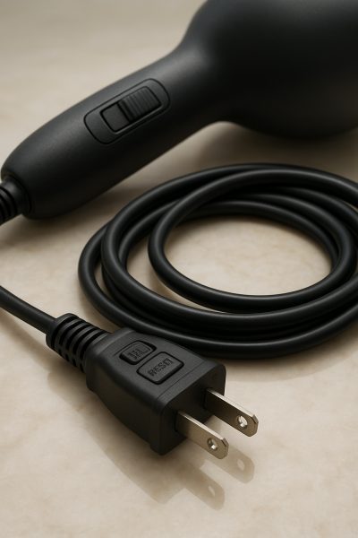 Macro of a safe, thick hair dryer cord with ergonomic switch and GFCI plug on a marble vanity.