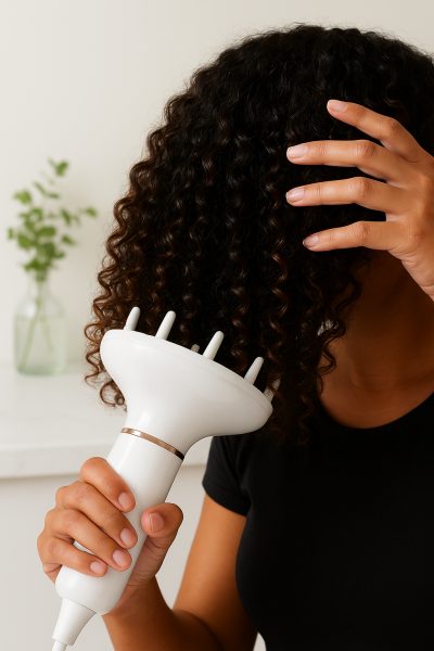 Close-up of a diffuser attachment gently drying tight curls, steam visible, with a hand steadying the dryer.