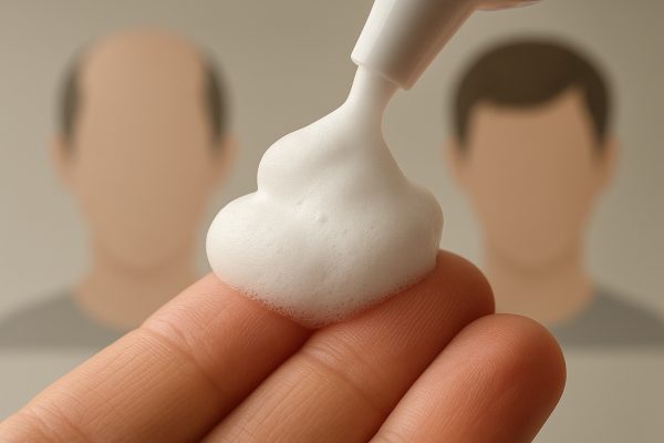 Macro shot of Minoxidil foam applied to fingertips, with blurred regrowth charts in the background.
