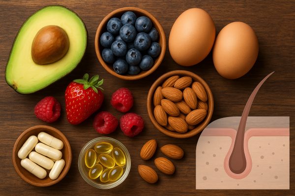 Flat lay of vitamins, biotin capsules, and nutrient-rich foods with a subtle illustrated hair follicle overlay.