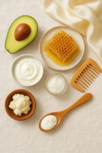 Flat lay of fresh avocado, honeycomb, yogurt, shea butter, coconut oil, and a wooden comb arranged on linen.