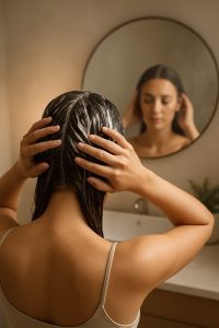 Woman gently applying a creamy hair mask to her scalp in front of a round mirror in a serene bathroom.