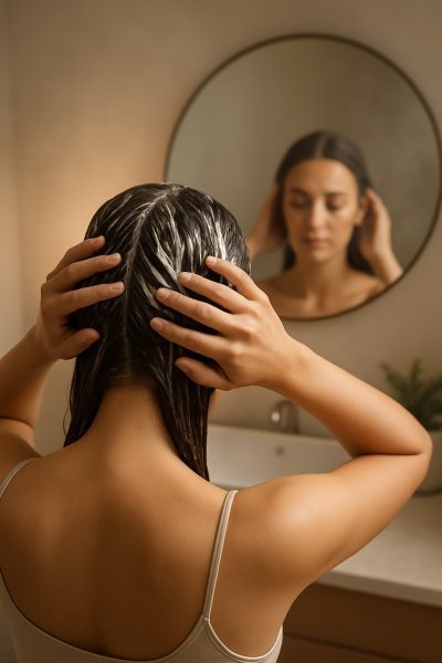 Woman gently applying a creamy hair mask to her scalp in front of a round mirror in a serene bathroom.