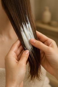 Hands smoothing rich mask onto split ends of sectioned brown hair, with spa-like background.