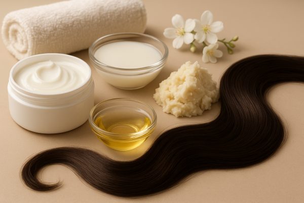 Open jars of hair mask, coconut and argan oils, shea butter, and a hydrated hair lock on a clean background.