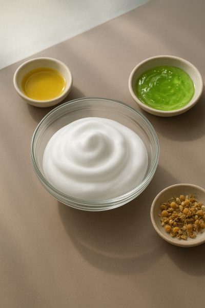 Top-down view of airy white mousse in a crystal bowl, surrounded by natural ingredients on a taupe countertop.