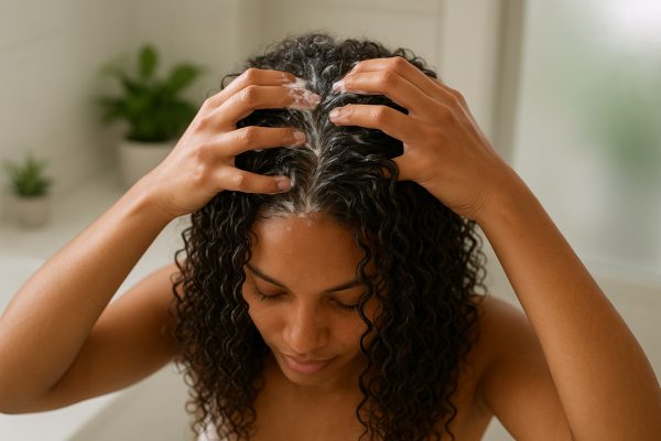 Overhead shot of woman with hydrated curls applying mousse in a tranquil bathroom with sunlight and greenery.
