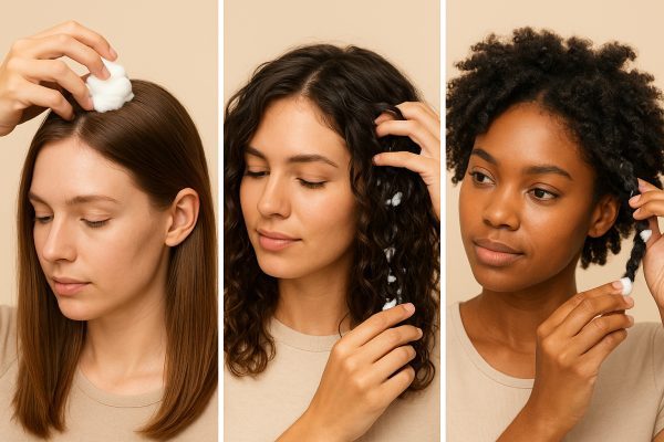 Three-panel step-by-step: mousse at roots for fine hair, scrunch for wavy, twist-out for coily, on pastel background.