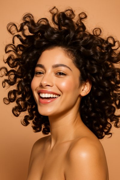 Vivid close-up of woman\u2019s bouncy curls styled with mousse, mid-motion, against a peach-gold gradient background.