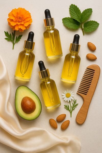A luxurious flat-lay of glass vials with hair oils, surrounded by botanicals, avocado, almonds, a wooden comb, and silk scarf.