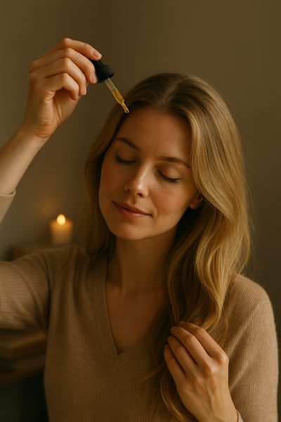 A woman with luminous hair applies oil with a dropper, background softly blurred with a candle and books.