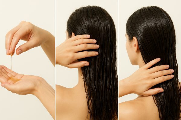A collage of hands emulsifying and applying oil to damp, shiny hair, highlighting moisture and conditioning.