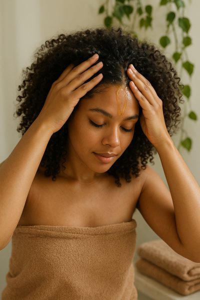 A person with voluminous curls applies oil using praying hands technique, with earth-tone towels and greenery in background.