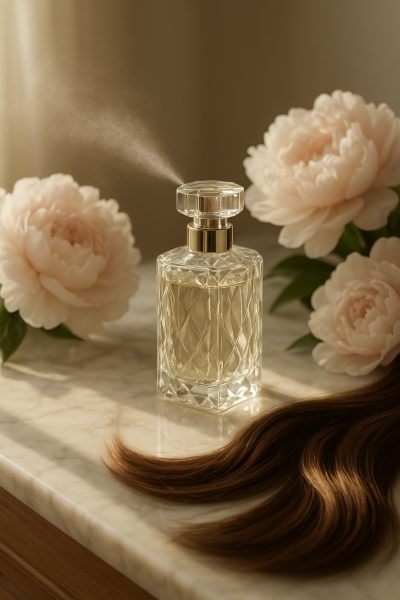 A faceted glass hair perfume bottle sits on polished marble, surrounded by peonies and shiny hair, bathed in sunbeams and gentle perfume mist.