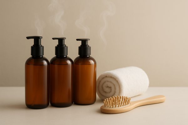 Coordinated hair perfume, shampoo, and conditioner bottles on a tidy counter with rolled towel, wooden brush, and gentle scented steam.