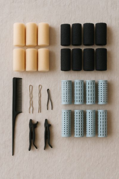 Flat lay of foam, Velcro, and ceramic hair rollers with various combs and clips on a linen background.