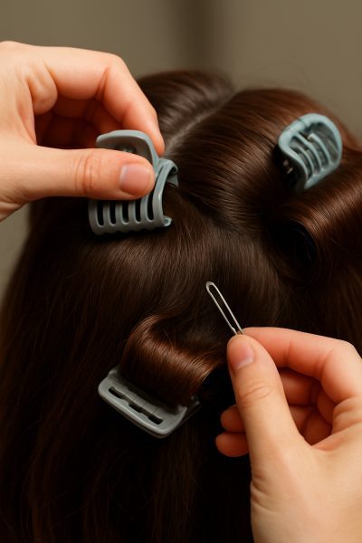 Hands fastening various roller clips and pins onto shiny chestnut hair.