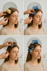Step-by-step demonstration of a model applying various types of hair rollers.