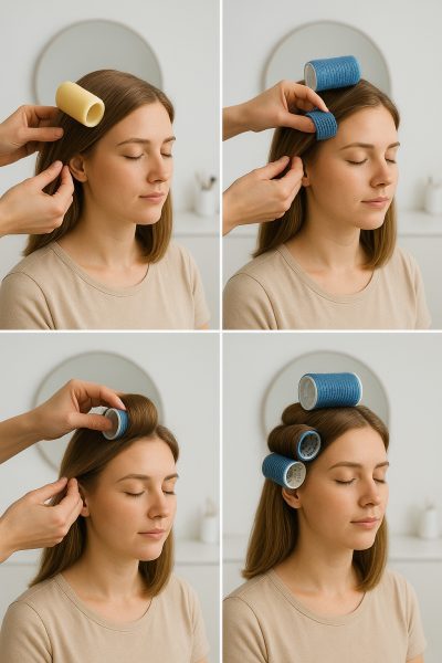 Step-by-step demonstration of a model applying various types of hair rollers.