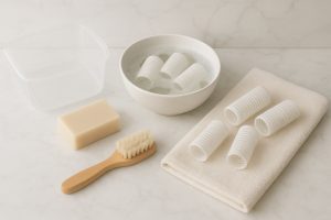 Clean and used hair rollers, brush, soap, and storage box on a marble vanity.
