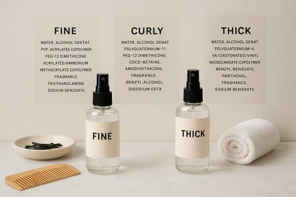 Organized hair sprays for different hair types with ingredient overlays on a marble vanity.