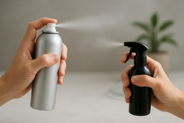 Hands demonstrating the difference between aerosol and pump hair spray above a quartz counter.