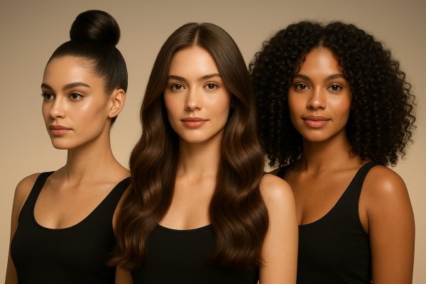 Three models show strong hold, frizz control, and volumized curls against a gradient background.