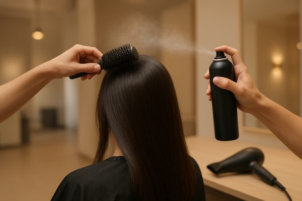 Stylist applies hair spray to client\u2019s roots with a round brush, creating volume and shine.