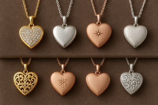 Diverse heart lockets in gold, silver, and rose gold with gemstones and filigree, arrayed on plush velvet.