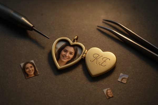 Open heart locket with custom photo and engraved initials, surrounded by engraving tools and photo cuttings.